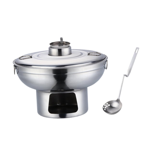 Estufas de alcohol Olla caliente Plato para calentar de acero inoxidable Portátil con tapa, Cuchara Olla caliente individual Olla caliente de alcohol argén