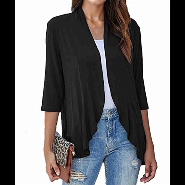 Cárdigan Abierto para Mujer, 3/4, Tejido Suave Drapeado, Color Negro, Talla XL