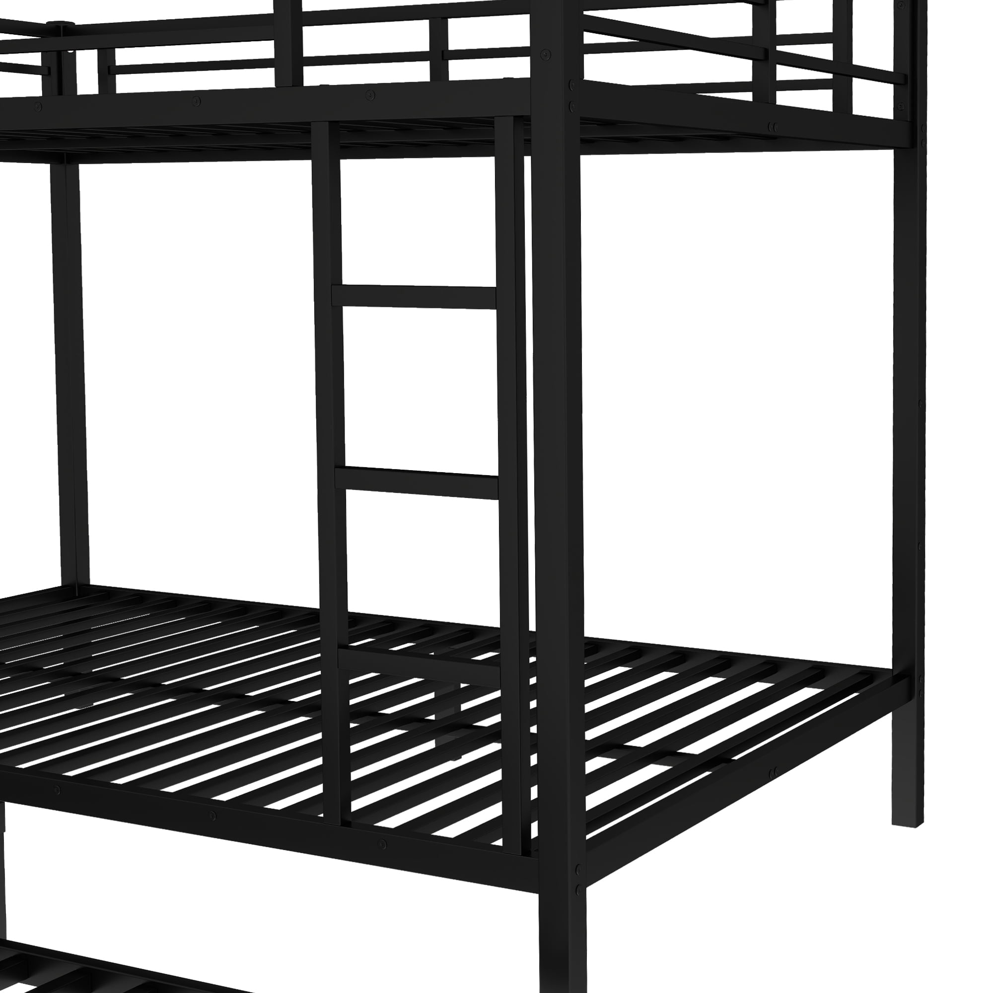 Leumius Metal Bunk Bed with Trundle,Full over Full Bunk Bed with with Ladder & Guardrails,Heavy-Duty Bunk Bed Frame for Kids/Teens/Adults,Space-Saving/Noise Reduced/No Box Spring Needed,Black