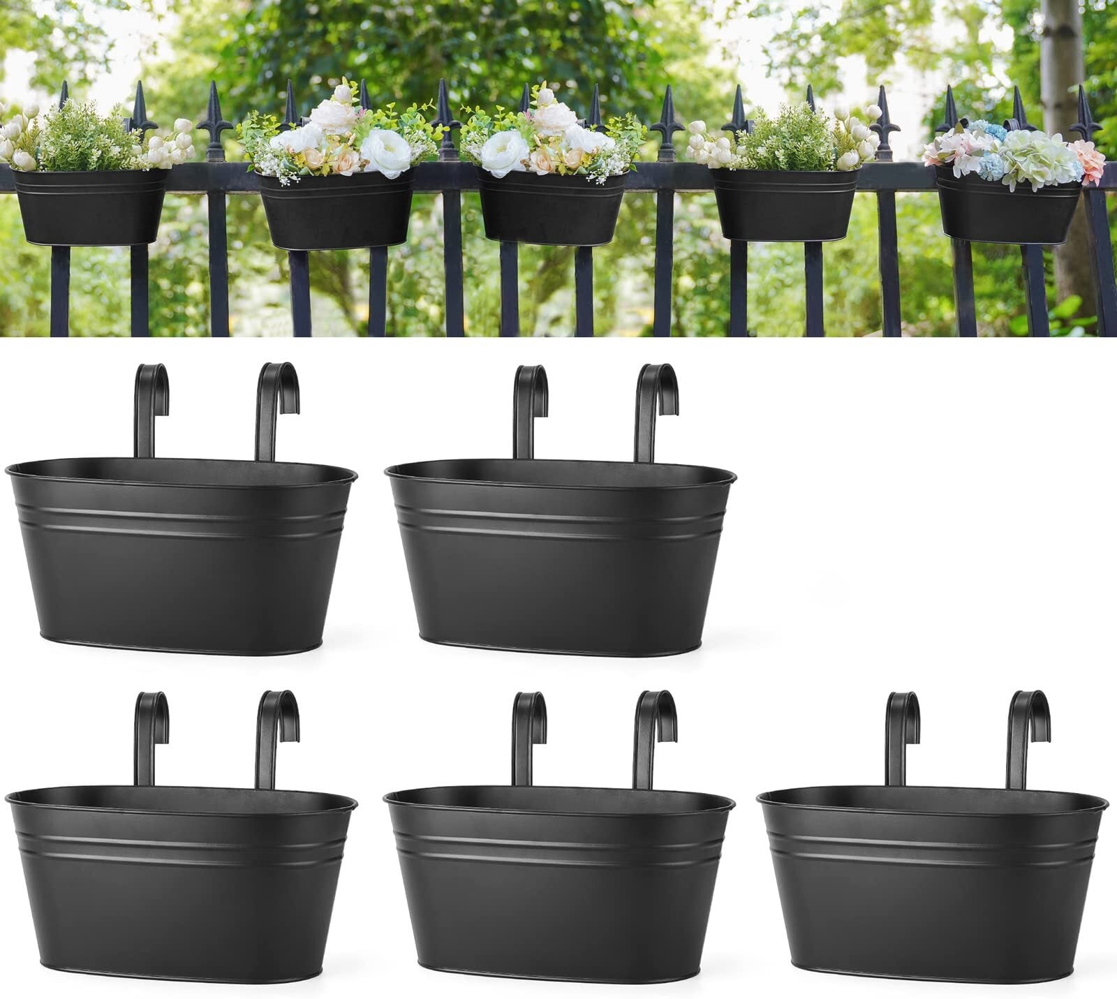 Metal Iron Hanging Flower Pots for Railing Fence Outdoor Planter Hanging Bucket Pots Countryside Style Window Flower Plant Holder with Detachable Hooks Home Decor,Black,3 Pcs
