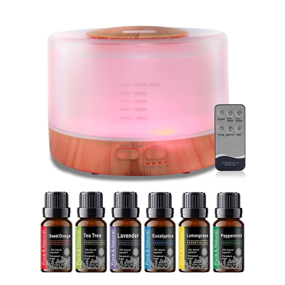 500ml Aromatherapy Essential Oil Diffuser Set with 6 Therapeutic Oils, 7 Color Changing LED Lights, Ultrasonic Cool Mist, Auto Shut-Off, Quiet Operation Perfect for Home, Bedroom, Yoga