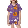 thumbnail image 4 of REDARER Girls 2 Piece Halloween Pajama Set Notch Collar Short Sleeve Button Top Matching Shorts House Skull Pumpkin Bone Spider Print Home Sleep Loungewear Outfit,9-10 Years, 4 of 5