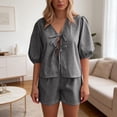 thumbnail image 5 of Short Sleeve Pajamas Set for Women 2 Piece Plaid Sleepwear Lace-up Top and Elastic Waist Shorts Home Loungewear (S, Black), 5 of 9