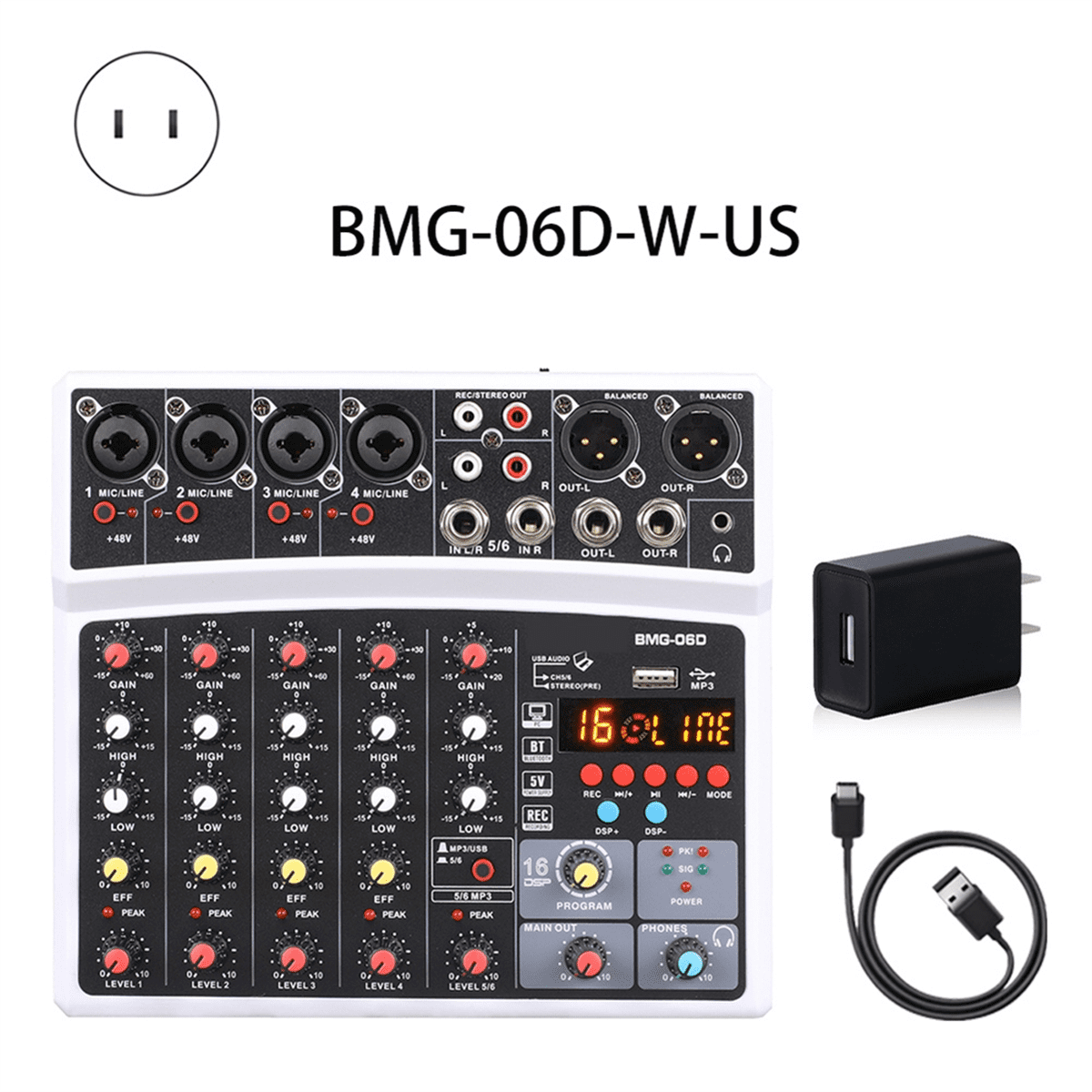 Portable 6 Channel Audio Mixer Mixing Console USB Interface Sound Card with 99- 48V Phantom Power US Plug