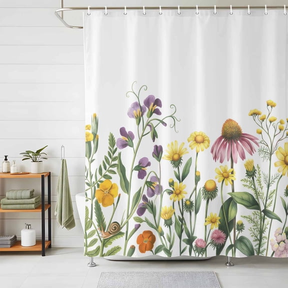 Shower Curtain Spring Floral Shower Curtains for Bathroom Decor, Waterproof Polyester Shower Curtain Set with Hooks, Extra Long 72" x 78" Wildflowers Leaves Plant