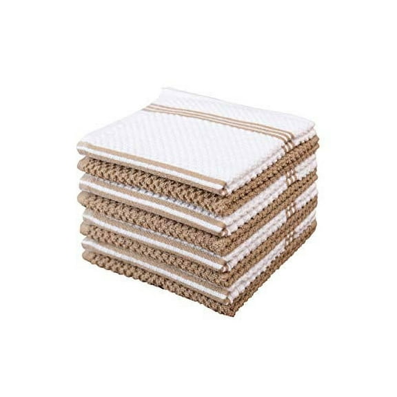 Sticky Toffee Kitchen Dishcloths Towels 100% Cotton, Set of 8, Tan and White Dish Cloth Towels, 12 in x 12 in