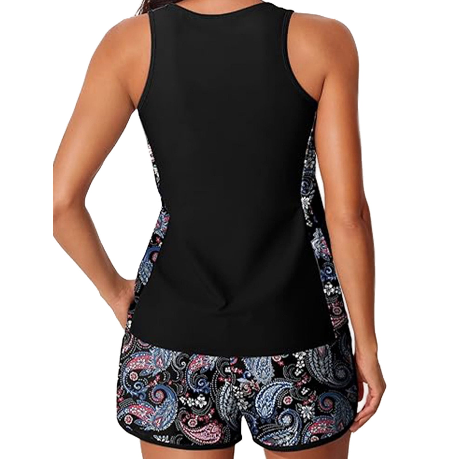COMVALUE Blouson Tankini Swimsuits for Women 2026 Tummy Control Two Piece Bathing Suits with Sporty Pockets Swim Shorts (Black, M)