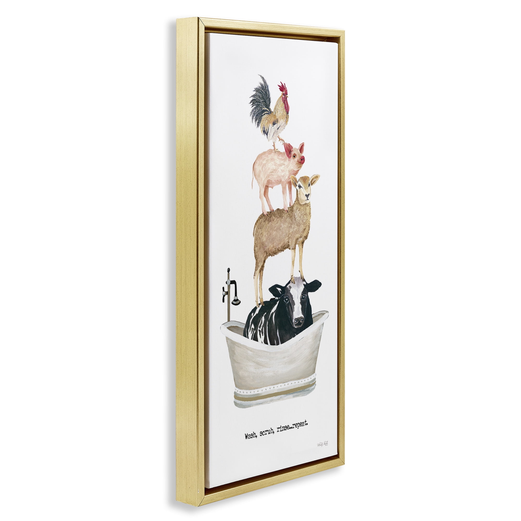 Stupell Industries Wash Scrub Rinse Animals Animals & Insects Painting Gold Floater Framed Canvas Art Print Wall Art, 15 x 31