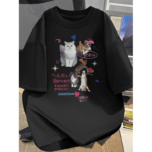 Men's 100% Cotton Short Sleeve T-Shirt - Black Casual Summer Tee with Cute Cat Print & Japanese Kawaii Text, Round Neck Machine Washable Top for Casual Attire, Comfortable Commuting Shirt, Soft F