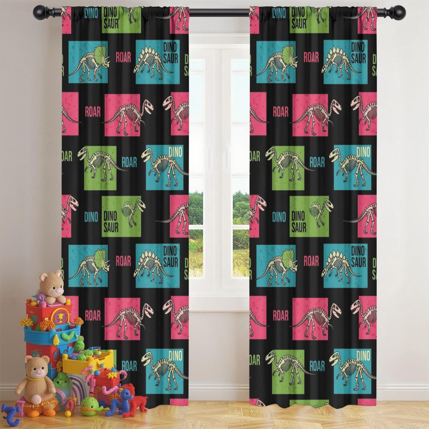 Blackout Kids Curtains,Black Cartoon Dinosaurs Skeletons Boxes Pattern Childrens Insulated Curtains Set Of 2,Bedroom Essentials,Toddler Room Decor 42"x84"