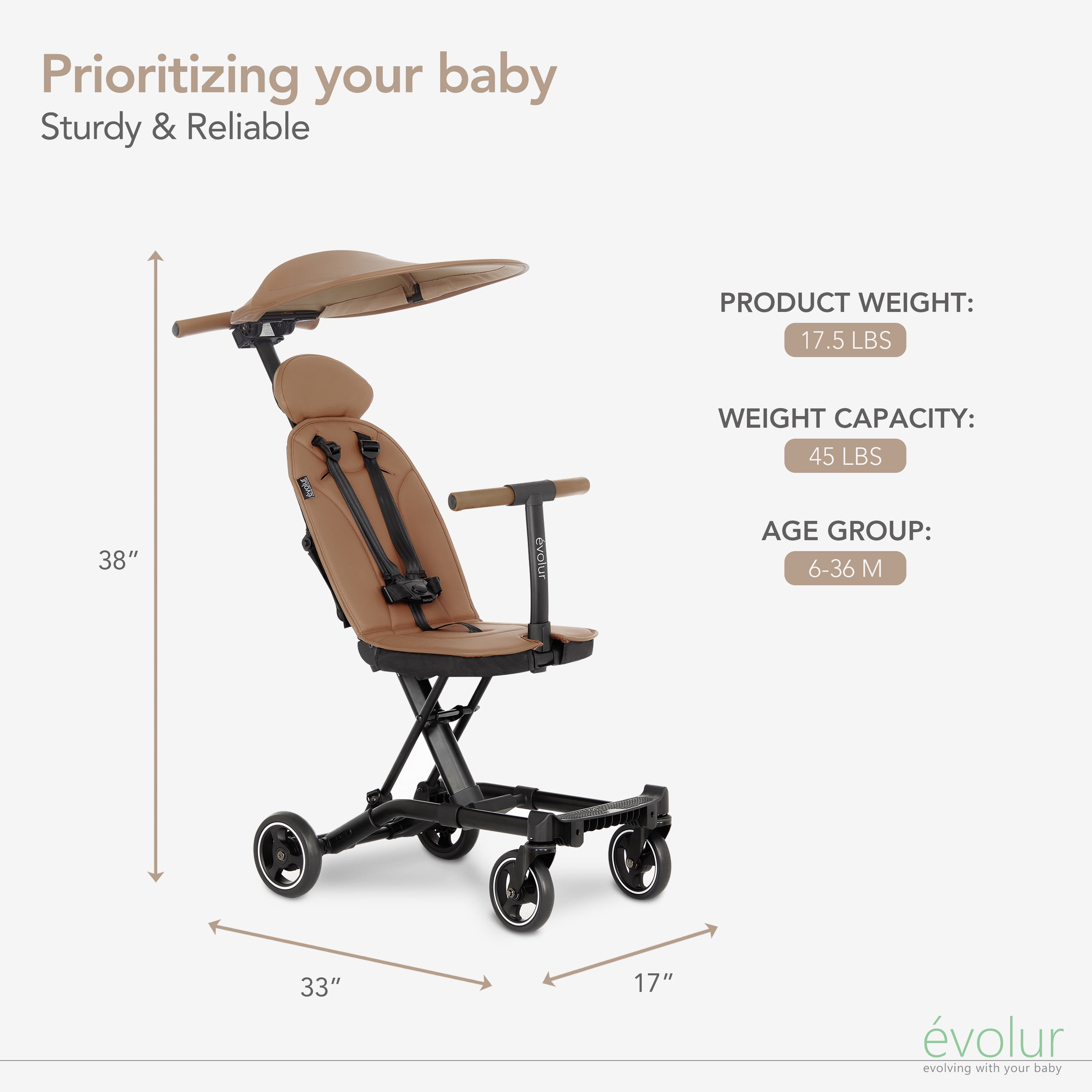 Evolur Cruise Rider Stroller with Canopy, Easy to Carry Travel Stroller, Cognac
