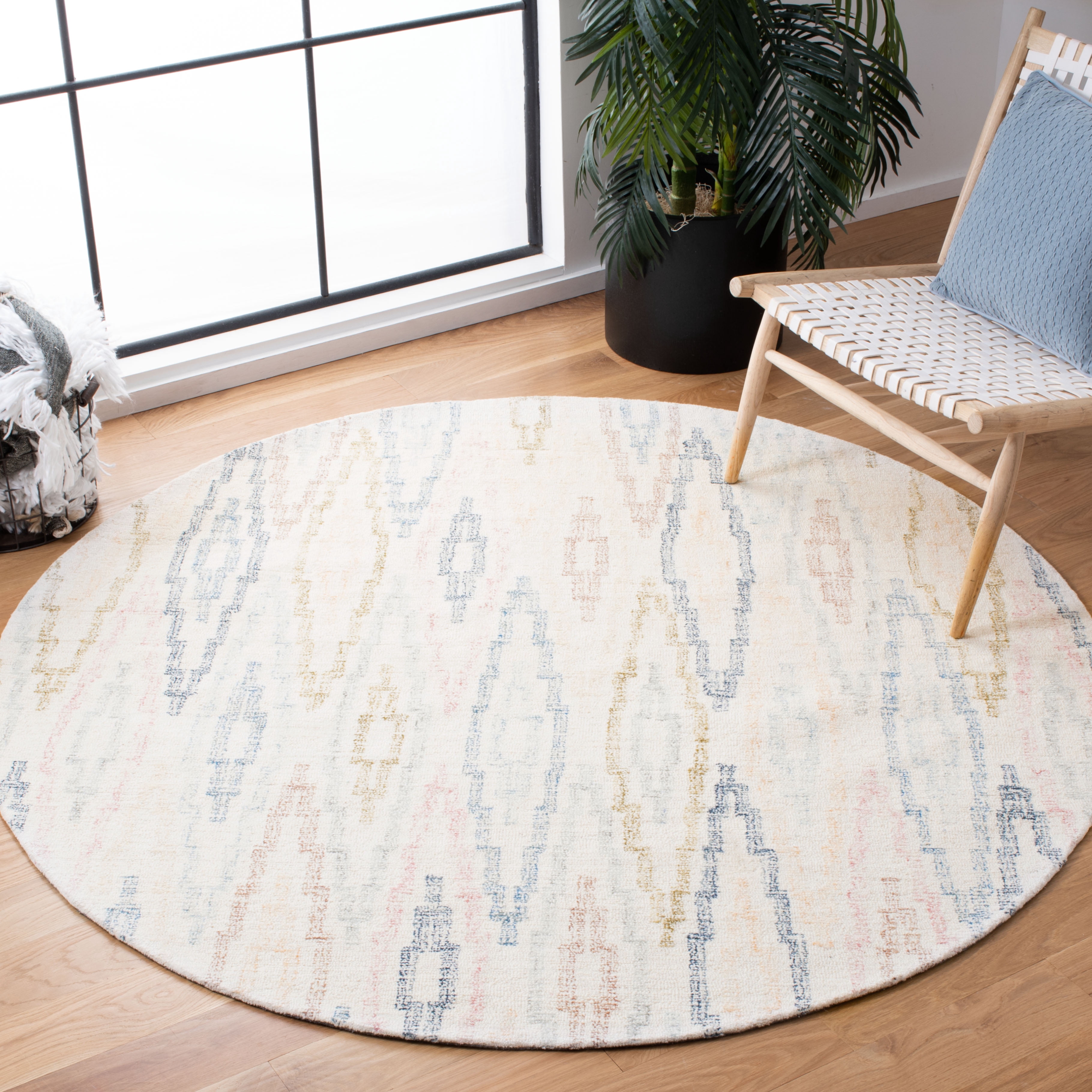 SAFAVIEH Rodeo Drive Bryanne Geometric Area Rug, Ivory/Blue, 6' x 6' Round