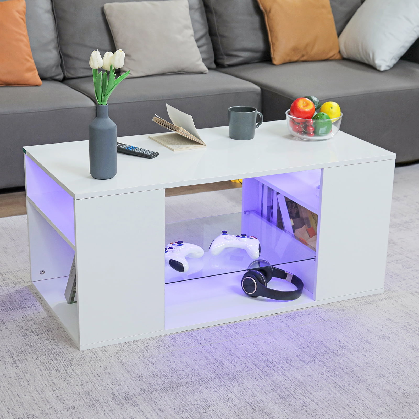Hommpa White Coffee Table LED Coffee Table with Storage Modern Living Room Table Glass Open Shelves Rectangle Cocktail Center Tables High Gloss