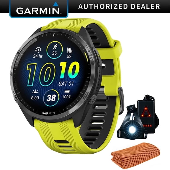 Garmin 010-02809-02 Forerunner 965 Running Smartwatch, Amp Yellow and Black Bundle with Sport Towel Deco Essentials Wearable Commuter Front & Rear Safety Light| Official Garmin USA Dealer