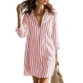 thumbnail image 2 of Costeam Womens Striped Long Sleeve Collared Top Split Midi Skirt Matching Set Side Pocket High Waist A Line Lightweight Woven Casual Two Piece Outfit, 2 of 9