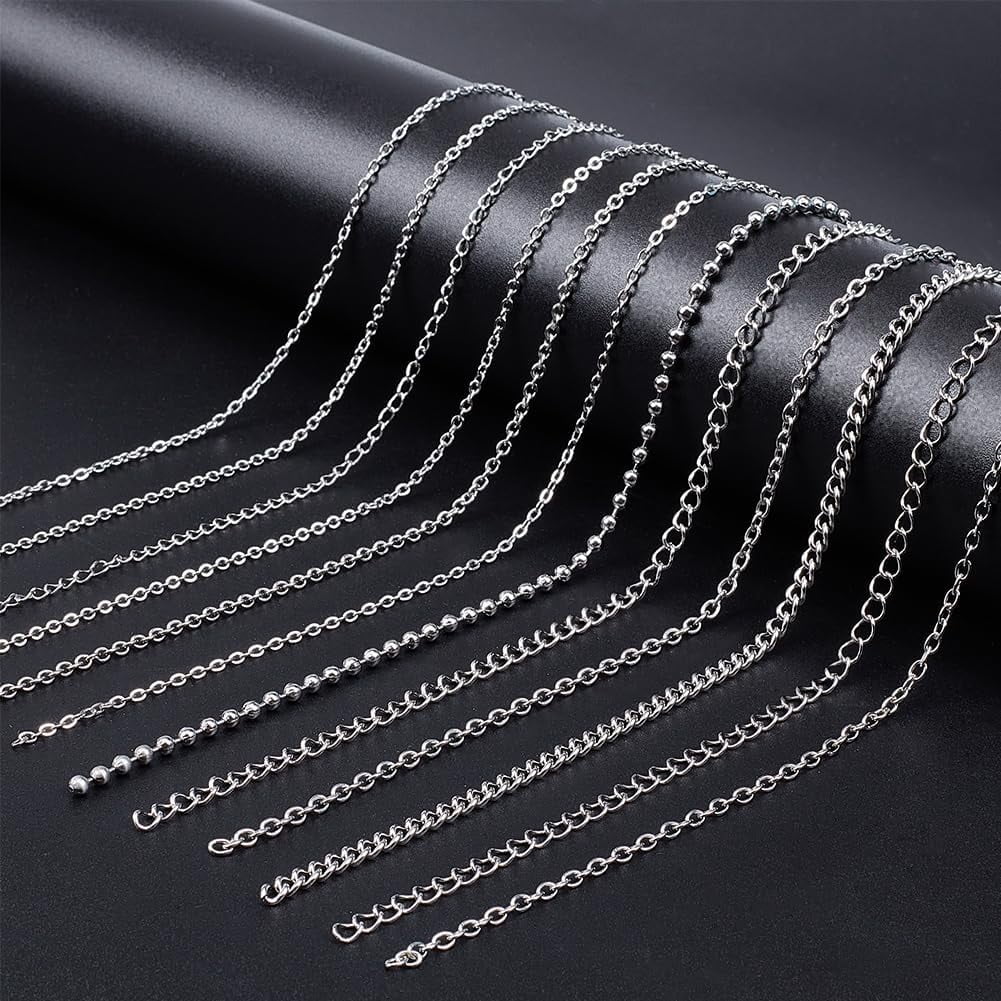 12 Styles 118 Feet Necklace Chains Stainless Steel Link Chain for DIY Craft Jewelry Making with 300pcs Jump Rings 40pcs Lobster Clasps 20pcs Chains Connectors Silver