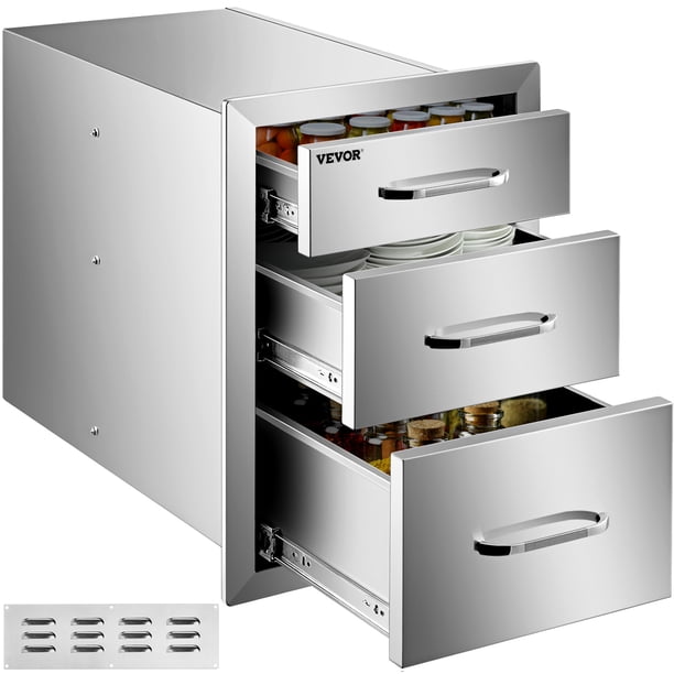 VEVOR- Cajón de Cocina de Acero Inoxidable para Exteriores con Triple Acceso con Mango Chapado en Cromo, 14 x 20.25 x 23.2 Pulgadas VEVOR 14"Wx20.3"H Outdoor Kitchen Drawers