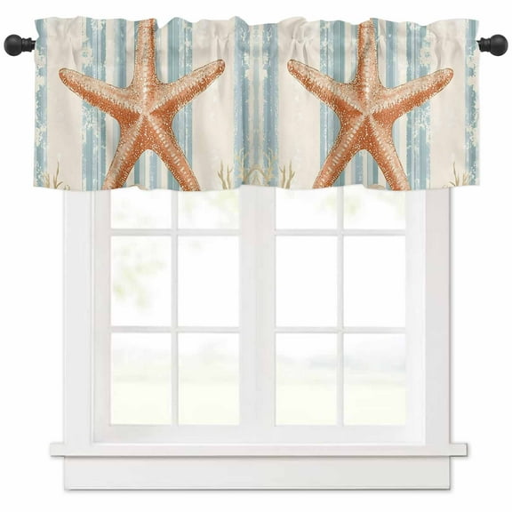 Coastal Starfish Valances for Windows Farmhouse Kitchen Curtains Valances Rod Pocket Valance Curtains for Kitchen Windows Ocean Watercolor Coral Stripe Window Valances for Bathroom Bedroom 54"x18"