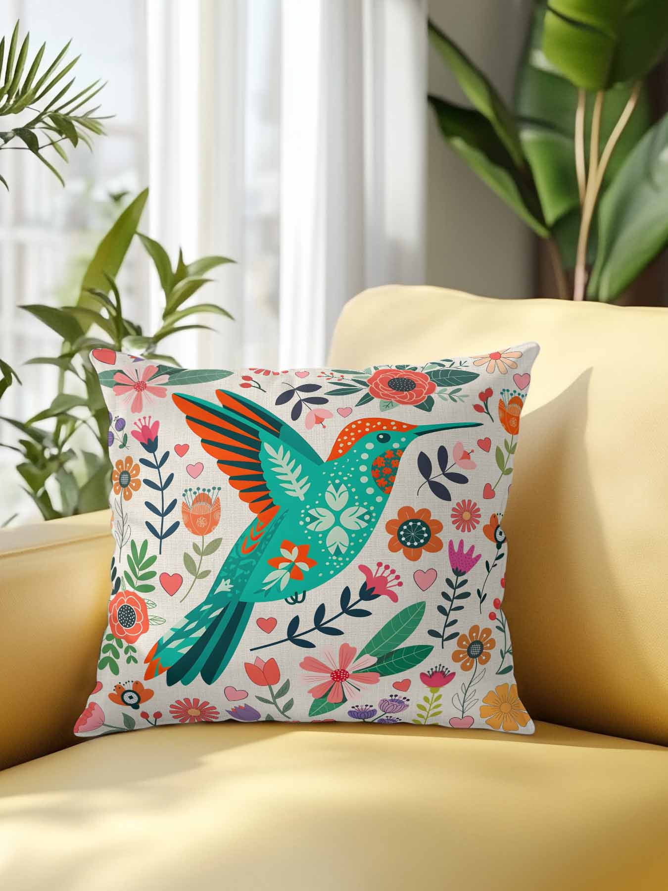 1 Pack Outdoor Pillows Waterproof, Turquoise Birds Indoor/Outdoor Throw Pillows with Inserts, Country Cartoon Colorful Flowers Herbs Decorative Pillow for Patio Furniture Chairs Couch