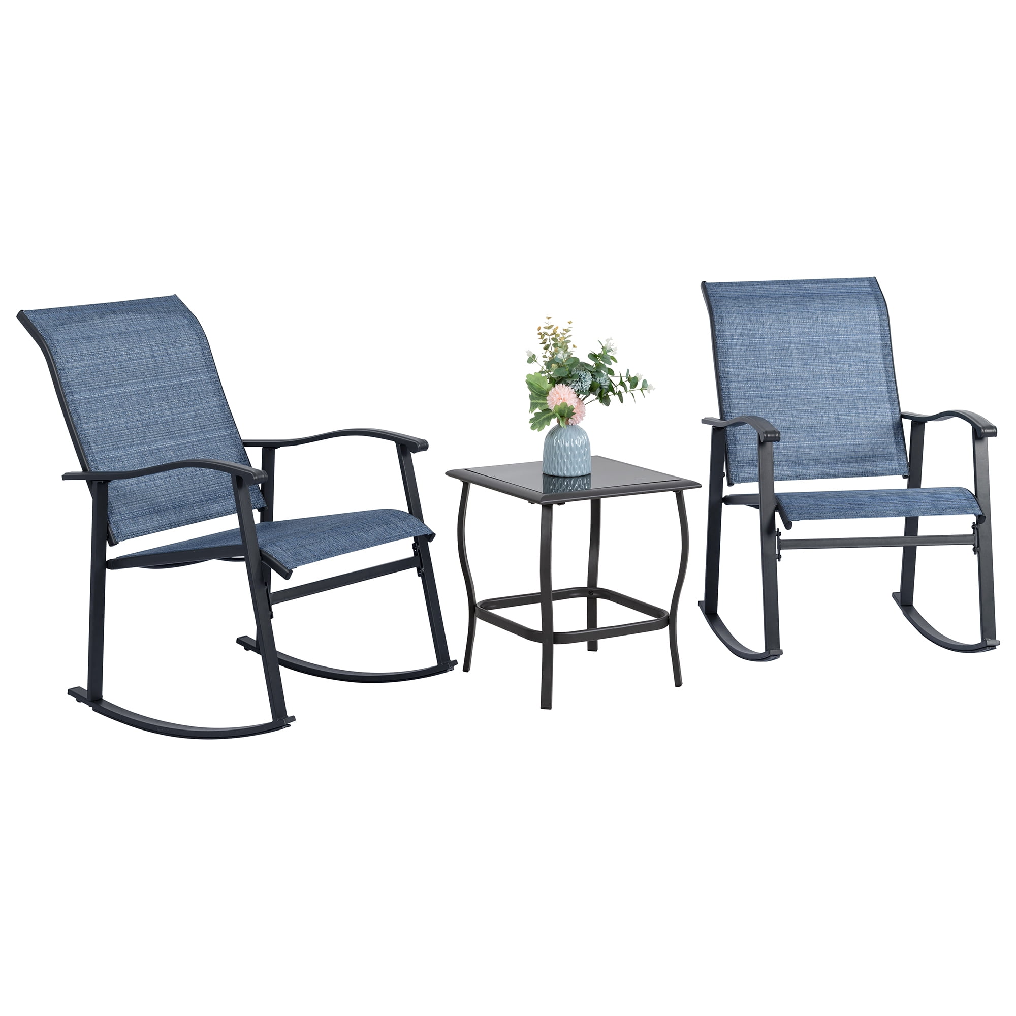 Walsunny 3 Pieces Rocking Bistro Patio Furniture Rocker Set with 2 Outdoor Rocking Chairs and 1 Glass Coffee Table for Porch Deck Lawn,Deep Blue