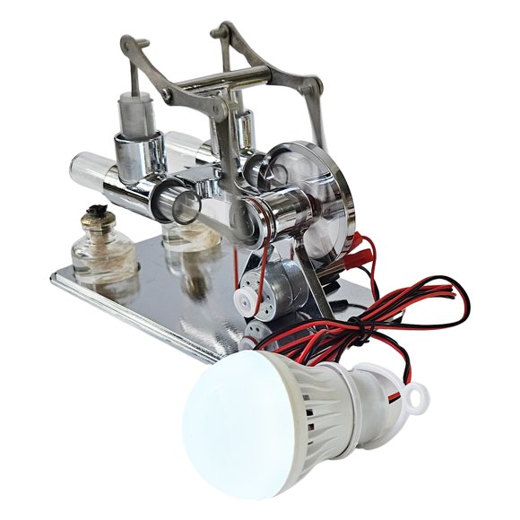 Steam Hot Air Stirling Engine Electricity Generator Motor Physical Dual Engine Model with LED Bulb Dollar Flywheel Design Science Experiment with CNC Aluminum Alloy Base DIY