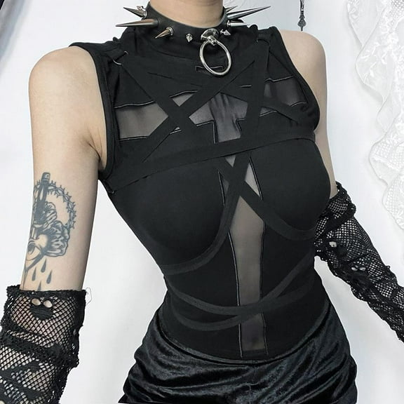 Cyberpunk Gothic Vest Women Streetwear Harajuku Sexy Emo Alt Cross Strap Short Sleeve O-neck Crop Tank Tops Female