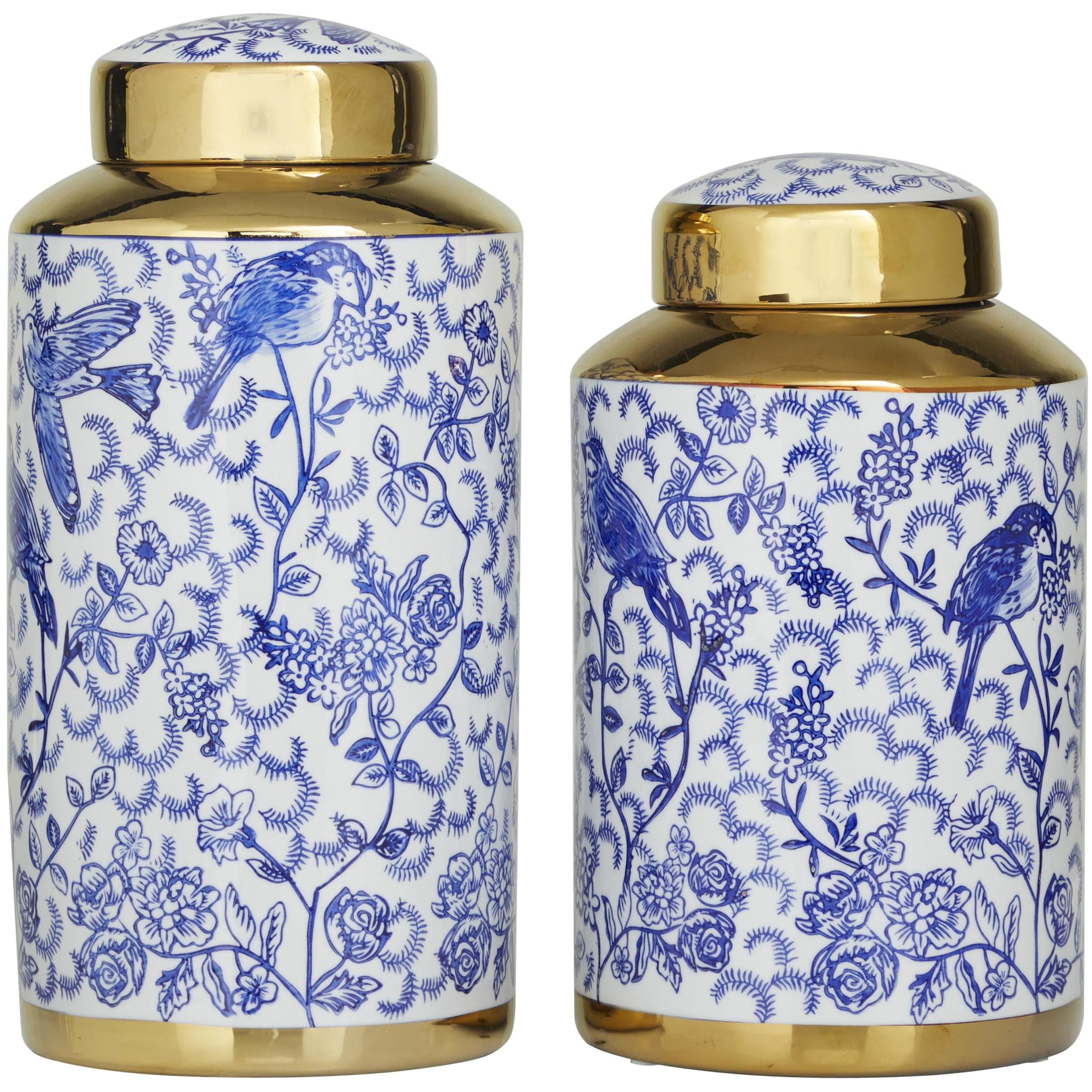 DecMode 14", 12"H Blue Ceramic Floral Decorative Jars with Gold Accents, 2-Pieces