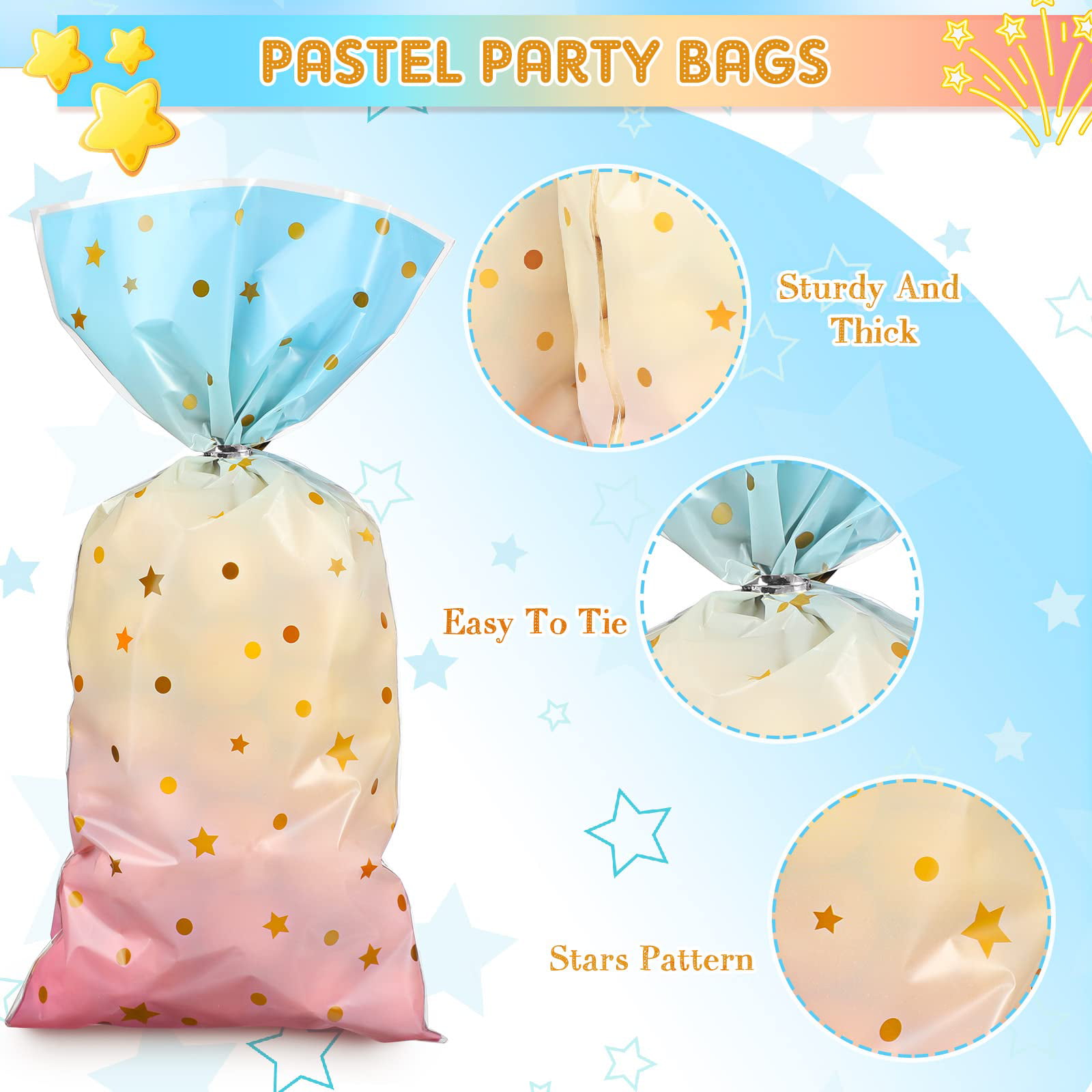 Pajean 100 Pcs Pastel Cellophane Bags Rainbow Party Favors Bag Star Dot Treat  Goodie Candy Plastic Gift Pink Blue Tie Dye Wrapping Clear Cello for Baby  Shower Birthday Decoration Supplies 