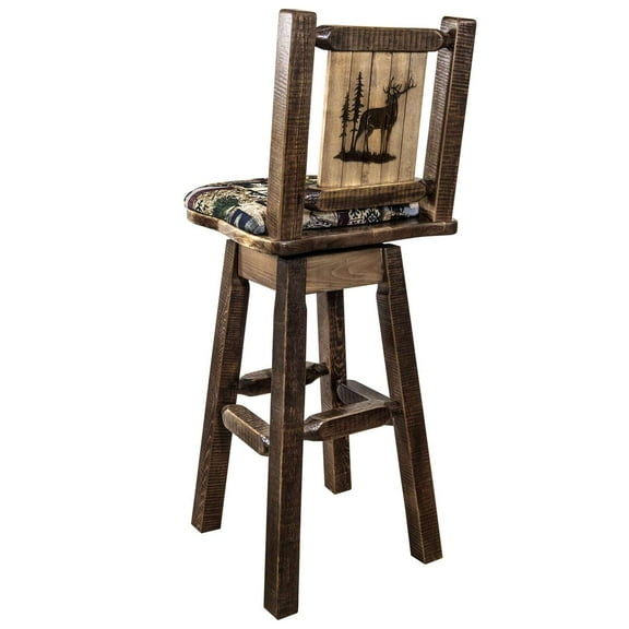 Homestead Collection Barstool w/ Back & Swivel, Woodland Pattern Upholstery w/ Laser Engraved Elk Design