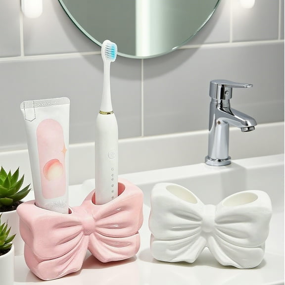 WSBArt 1Pc Ins StyleCeramic Bow Tie Shaped Toothbrush Holder Stand for Bathroom Counter Toothbrush Storage Rack Organizer with Bow Design for Washbasin White Home Decor