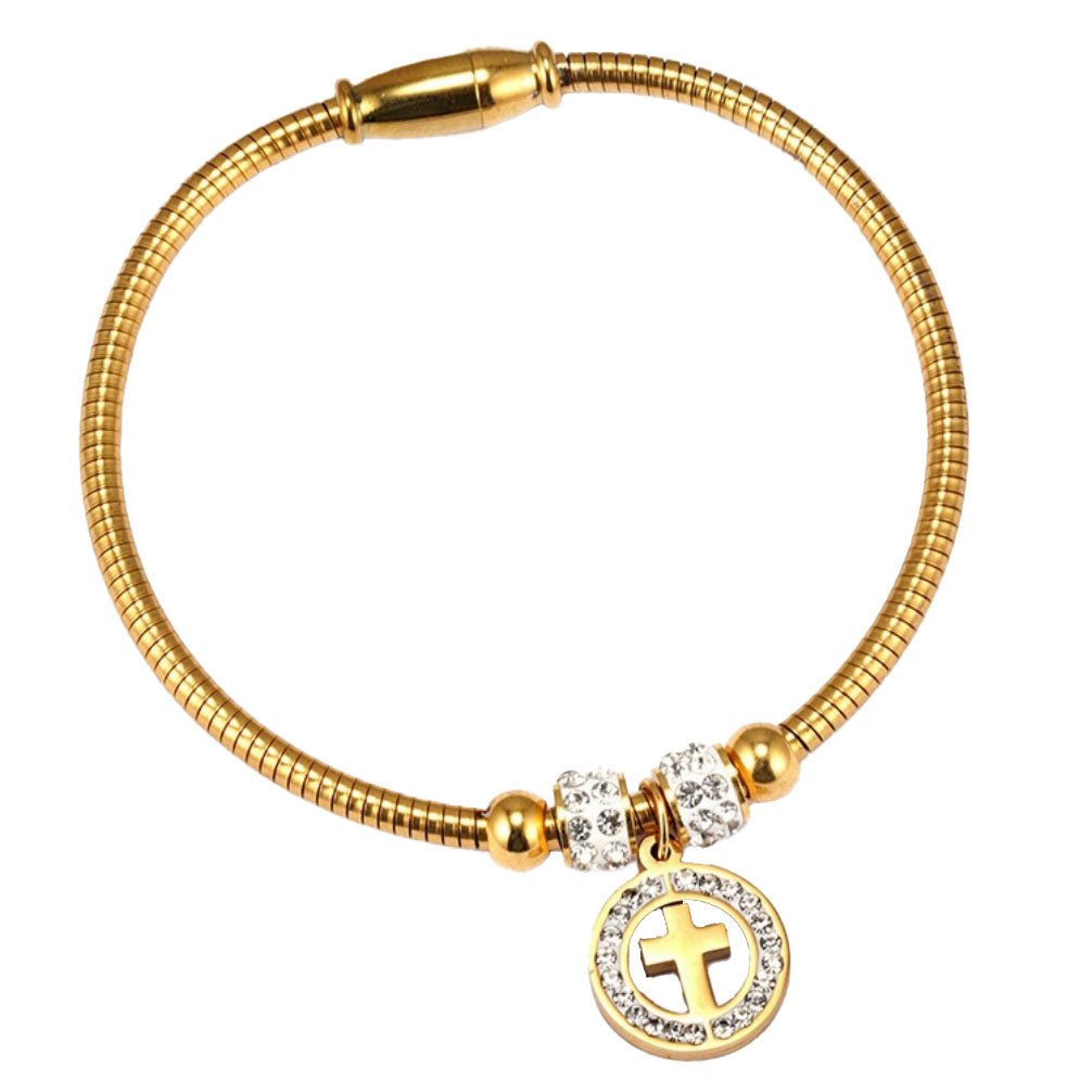 HIRPLIS Cross Bracelet for Women Stainless Steel Cubic Zirconia Adjustable Snake Chain Circle Religious Prayer Faith Simple Personalized Gift Jewelry Gold Plated
