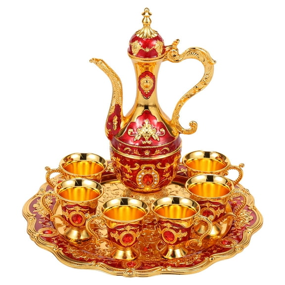Tcwhniev Turkish Tea Set Vintage Turkish Coffee Set with Pot Tray 6 Cup Multifunctional Decorative Teapot Kit for Home Living Room Bar Party