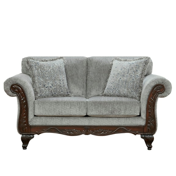 Roundhill Furniture Hernen Polyester Upholstery Carved Wood Frame Loveseat, Gray