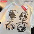 thumbnail image 3 of Camiseta holgada de manga corta de verano a la moda de algodón puro con café de gato para hombres y mujeres, camisetas originales de Mocha Latte Cats Three Flowers Fun Cat, 3 of 5
