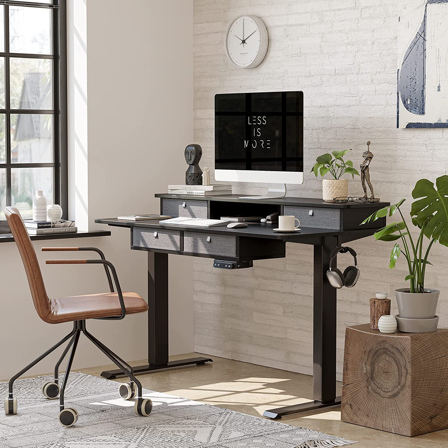 FEZIBO 48 x 24 Inch Height Adjustable Electric Standing Desk with 4 Drawers, Stand Up Table with Storage Shelf, Sit Stand Desk with Splice Board, Black Frame/Black Top