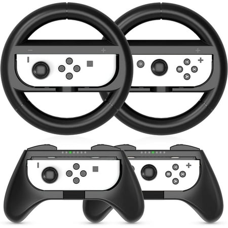HEYSTOP Wheel Controller for Nintendo Switch & Switch OLED Model 2021 (4 Pack) Joy Con Controller Grip and Switch Steering Wheel for Mario Kart (Black)