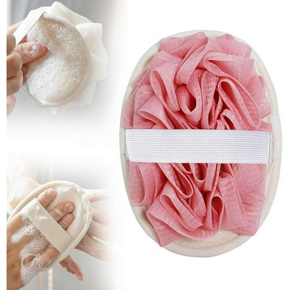 Natural Loofah Sponge, Exfoliating Bath Sponges Soft Loofah Shower Scrubber with Elastic Hand Strap, Exfoliating Body Sponge Pad Scrubber Glove for Face Body Deeply Clean（Pink）