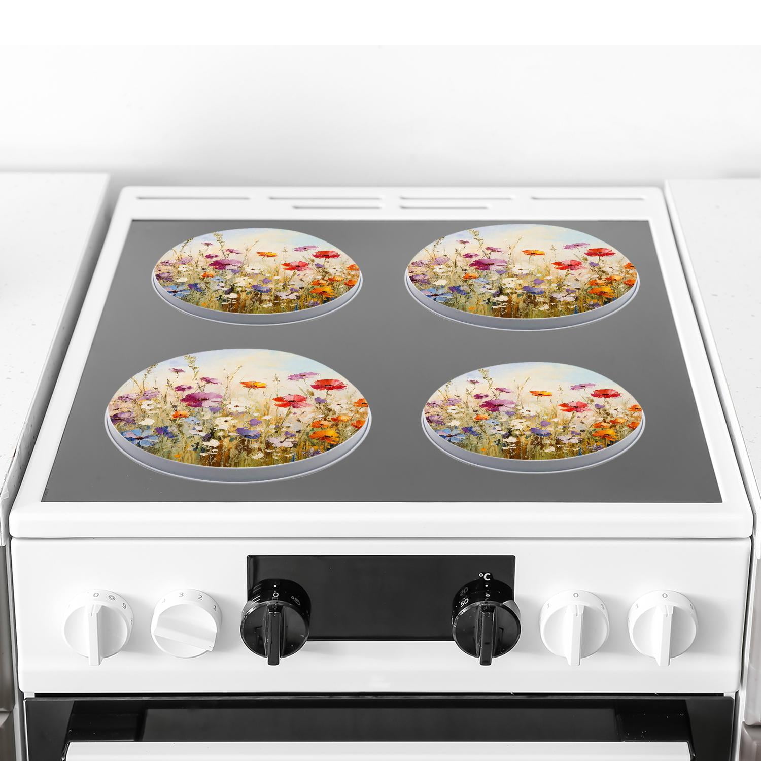 Round Stove Burner Covers 4 Pcs Metal Electric Stove Burner Covers 8Inch And 10Inch ,Daisy Flower Field in The Mountains Red Poppy drawing