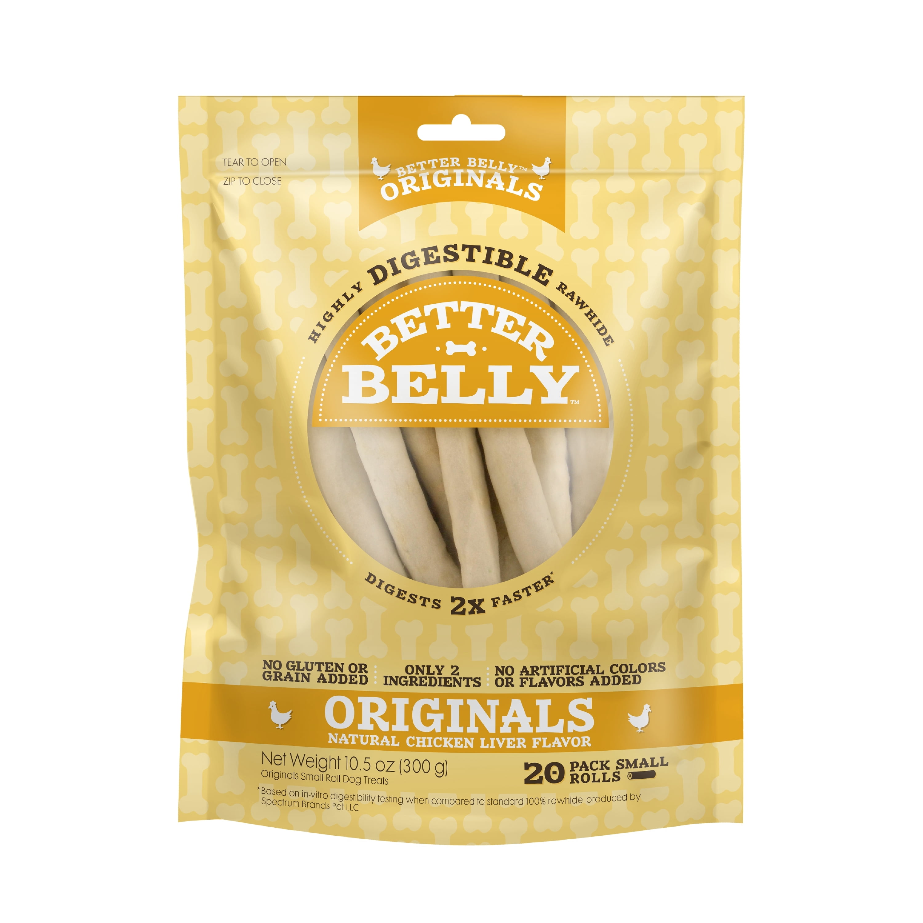 (4 pack) Better Belly Originals Real Chicken Liver Flavor Small Rolls Chew, Highly Digestible Dog Treat, 20 Count