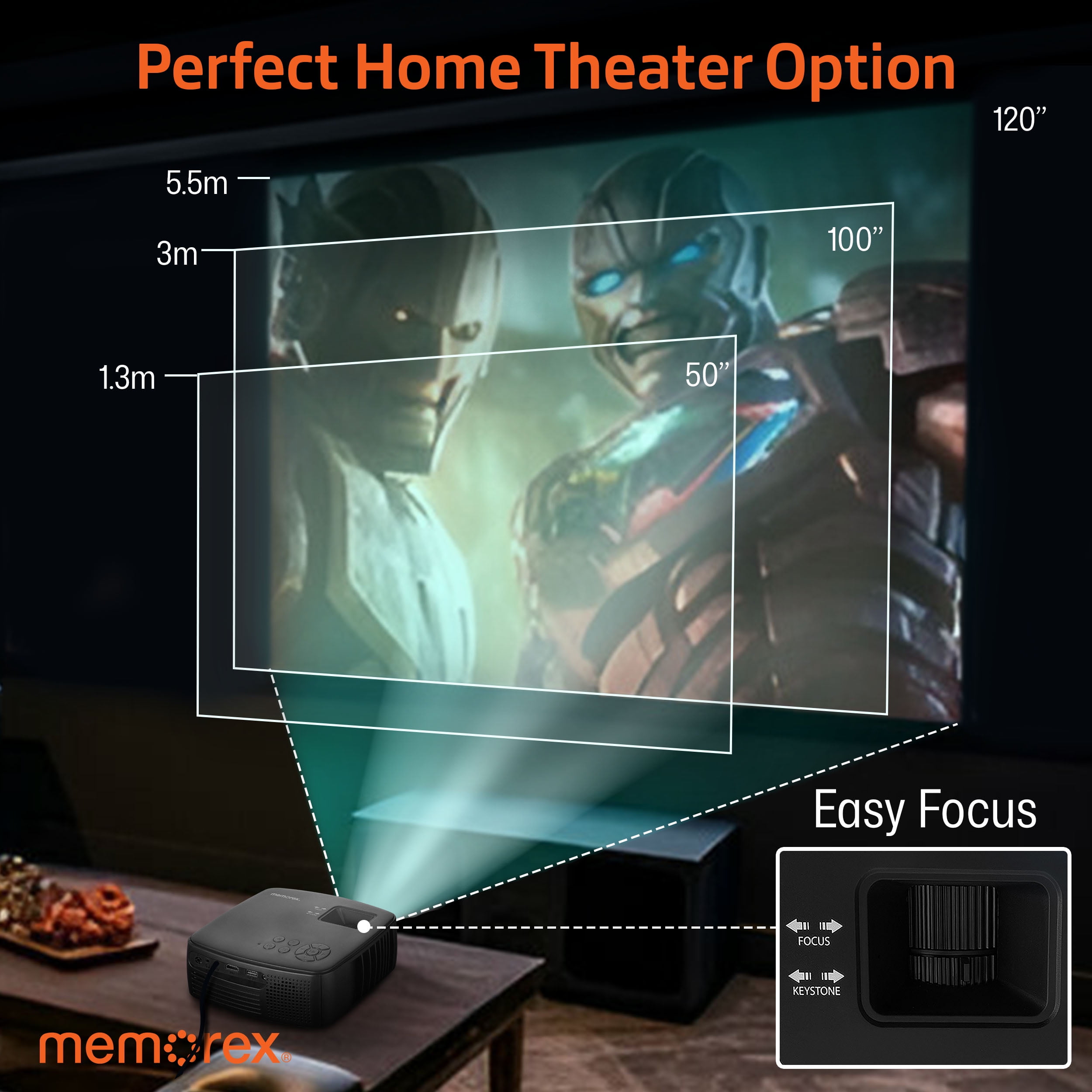 Memorex MX-PJS100 | 720P Bluetooth Projector with 100” Screen | HDMI/USB/AV Inputs | 90 ANSI Lumens, Built-In Speaker, and Wireless Audio Streaming