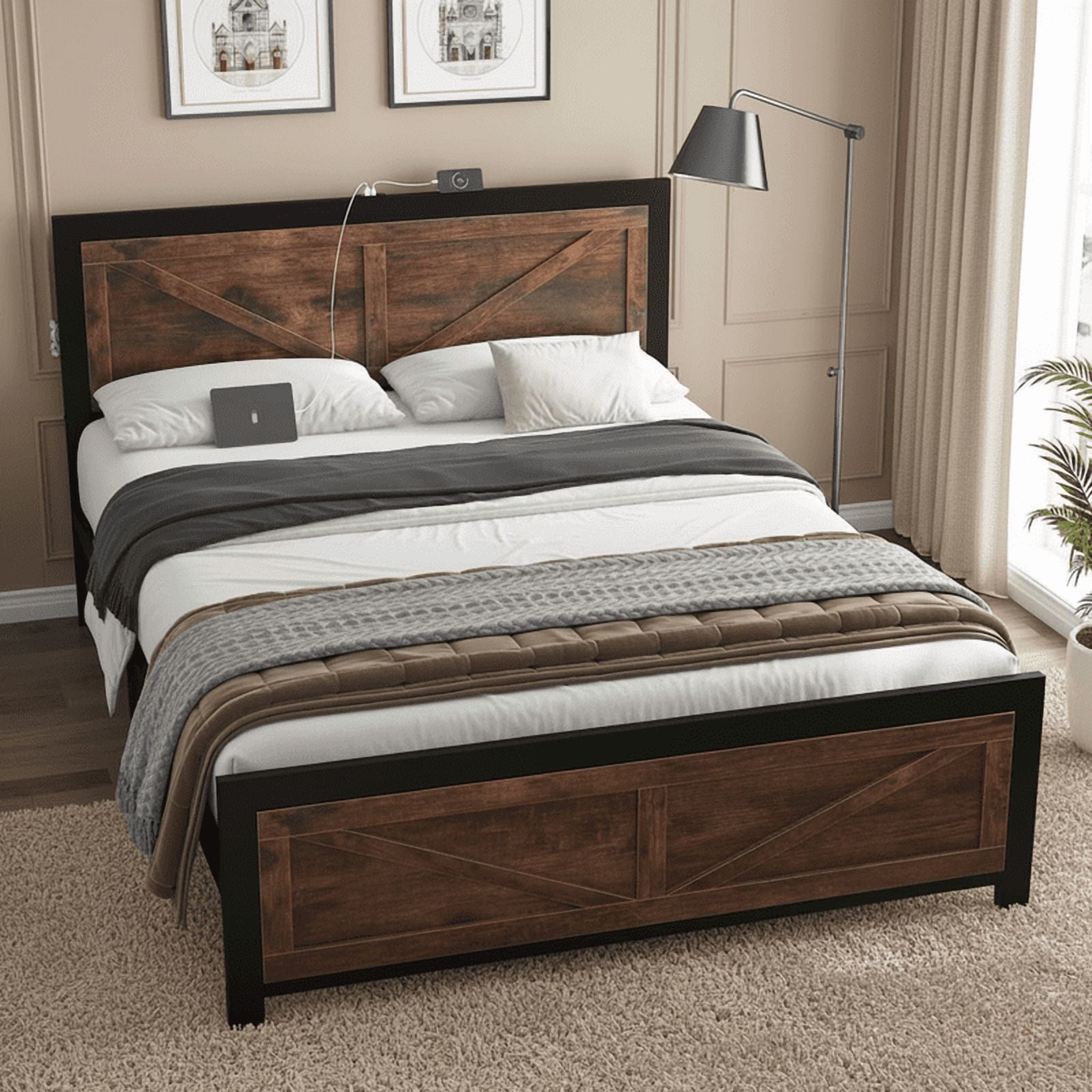 Queen Size Platform Bed Frame with LED Lights, USB Charging, and Farmhouse Barn Door Headboard, Strong Metal Slats Support, Noise Free, No Box Spring Needed, Brown