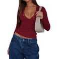 thumbnail image 3 of Blusas de Larga para Mujer con Cuello en V y de Encaje Ajustadas para Salir Vino Tinto S, 3 of 9