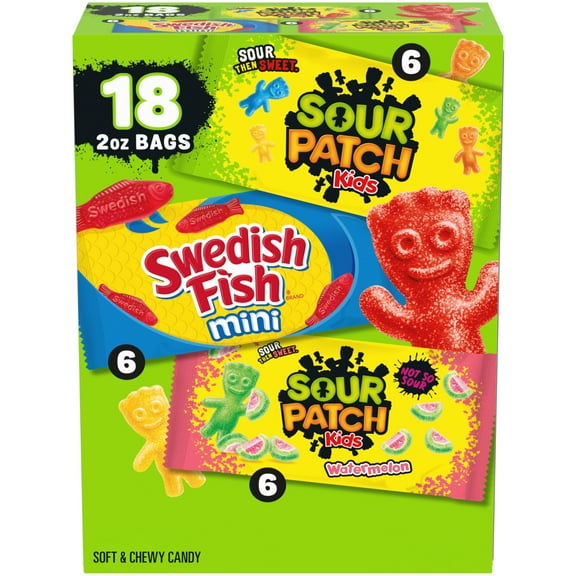 SOUR PATCH KIDS and BCF26 SWEDISH FISH Mini Soft & Chewy Candy Variety Pack, Bulk Candy, 18-2 oz Bags