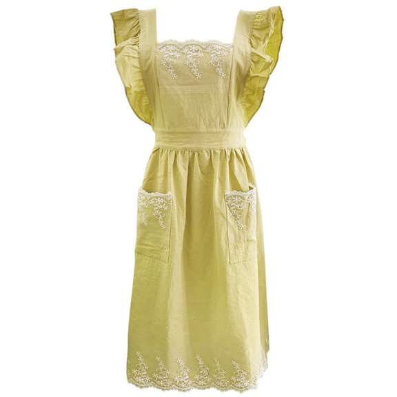 Women's Cotton Linen Crosses Back Apron with Pockets,Fashion Pinafore Dress for Gardening Painting Cleaning Cooking