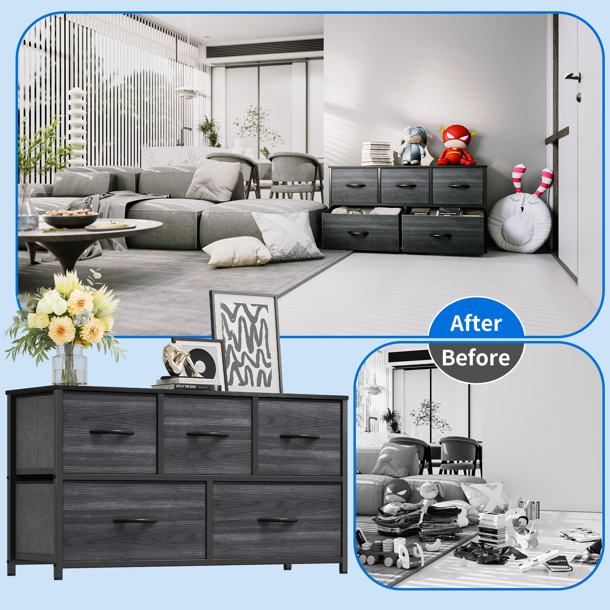 Uforic 5-Drawer Fabric Dresser for Adults, Storage Tower with Steel Frame & Wooden Top, Black