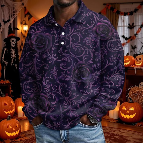Domuza Men's Halloween Shirt Casual Long Sleeve Horror Novelty Graphics Polo Shirts Vintage Regular Fit Button Lapel Blouse Gray L