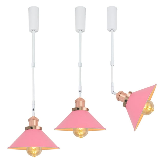 FSLiving Adjustable Height Track Pendnat Light J-Type Retractable Lift Track Spotlight with Telescoping Rod Adjustable Gimbaled Lamp-Post Juno Track DIY Cover Lamp, Pink - 3 Lights