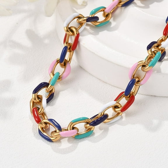 304 Stainless Steel Colorful Enamel Curb Chain Necklaces for Women Real 18K golden Plated 15.75 inch(40cm)