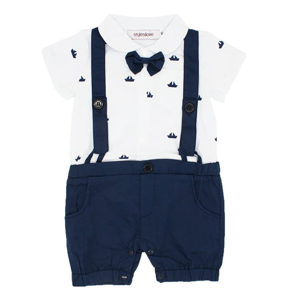 StylesILove Sailor Boat Print Faux Suspender Formal Wear Baby Boy Short Sleeve Romper (90/12-18 Months)