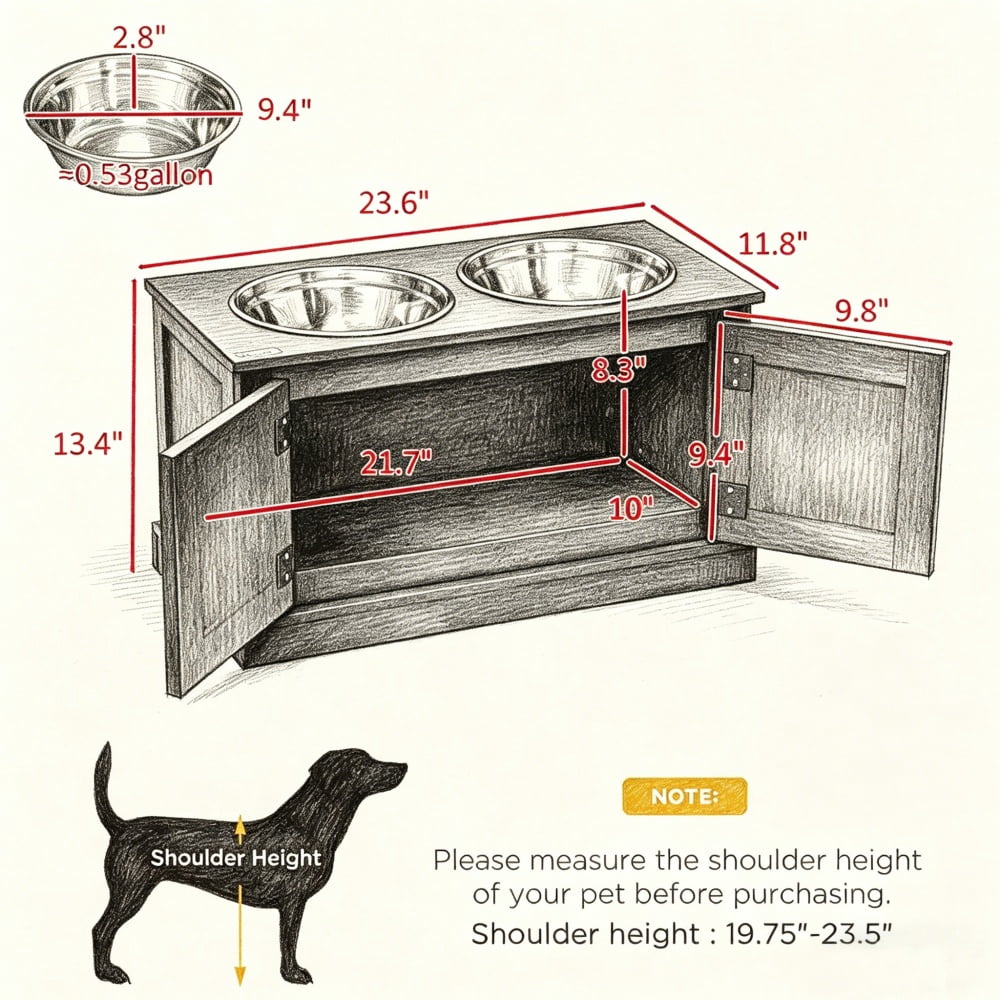 Elevated Dog Bowls with Storage Cabinet, Raised Pet Feeder Station with Removable Stainless Steel Bowls, Coffee MDF Feeding Stand for Large Dogs